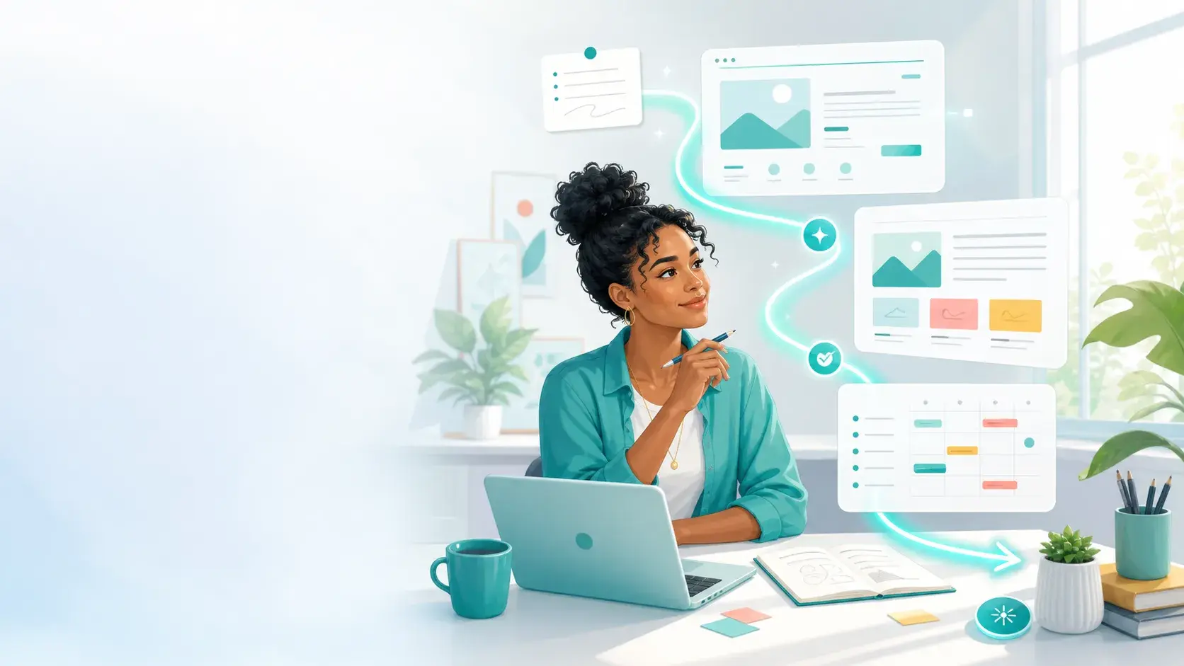 A creator is guided from a project idea to a website, content and publishing plan.